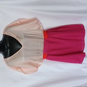 Paisley & Ivy Short Sleeve Mini Dress with V-Neck Back Cutout- Pink, lined skirt